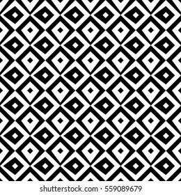 Repeated black figures on white background. Ethnic wallpaper. Seamless surface pattern design with rhombuses ornament. Polygons motif. Digital paper for textile print, web designing. Vector