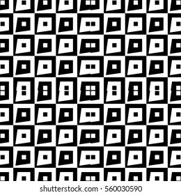 Repeated black figures on white background. Ethnic wallpaper. Seamless surface pattern design with quadrangles ornament. Polygons motif. Digital paper for textile print, web designing. Vector art.