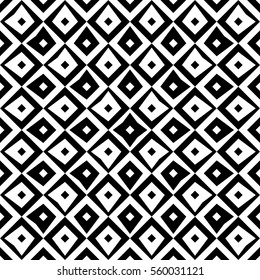 Repeated black figures on white background. Ethnic wallpaper. Seamless surface pattern design with rhombuses ornament. Diamonds motif. Digital paper for textile print, web designing. Vector.