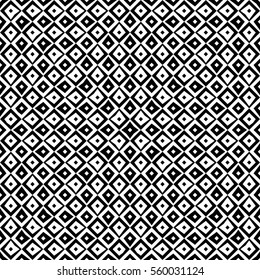 Repeated black figures on white background. Ethnic wallpaper. Seamless surface pattern design with rhombuses ornament. Diamonds motif. Digital paper for textile print, web designing. Vector.