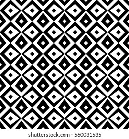 Repeated black figures on white background. Ethnic wallpaper. Seamless surface pattern design with rhombuses ornament. Diamonds motif. Digital paper for textile print, web designing. Vector.