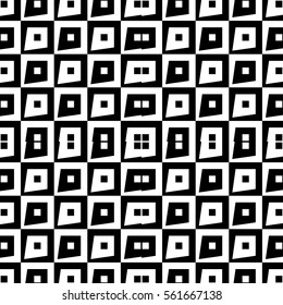 Repeated black figures on white background. Ethnic wallpaper. Seamless surface pattern design with quadrangles ornament. Polygons motif. Digital paper for textile print, web designing. Vector art.