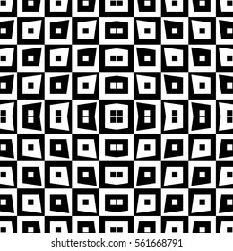 Repeated black figures on white background. Ethnic wallpaper. Seamless surface pattern design with quadrangles ornament. Polygons motif. Digital paper for textile print, web designing. Vector art.