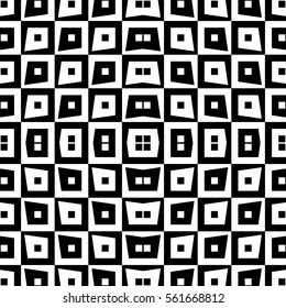 Repeated black figures on white background. Ethnic wallpaper. Seamless surface pattern design with quadrangles ornament. Polygons motif. Digital paper for textile print, web designing. Vector art.