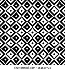Repeated black figures on white background. Ethnic wallpaper. Seamless surface pattern design with rhombuses ornament. Diamonds motif. Digital paper for textile print, web designing. Vector art