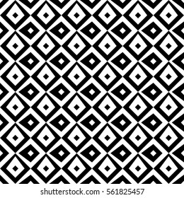 Repeated black figures on white background. Ethnic wallpaper. Seamless surface pattern design with rhombuses ornament. Diamonds motif. Digital paper for textile print, web designing. Vector