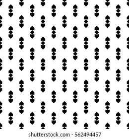 Repeated black figures on white background. Ethnic wallpaper. Seamless surface pattern design with arrows ornament. Rhombuses and pentagons motif. Digital paper for textile print, web designing.