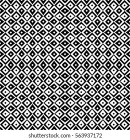 Repeated black figures on white background. Ethnic wallpaper. Seamless surface pattern design with rhombuses ornament. Diamonds motif. Digital paper for textile print, web designing. Vector
