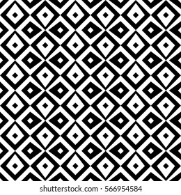 Repeated black figures on white background. Ethnic wallpaper. Seamless surface pattern design with rhombuses ornament. Diamonds motif. Digital paper for textile print, web designing. Vector art