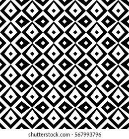 Repeated black figures on white background. Ethnic wallpaper. Seamless surface pattern design with rhombuses ornament. Diamonds motif. Digital paper for textile print, web designing. Vector.