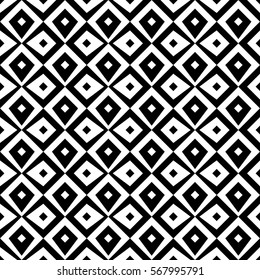 Repeated black figures on white background. Ethnic wallpaper. Seamless surface pattern design with rhombuses ornament. Diamonds motif. Digital paper for textile print, web designing. Vector.