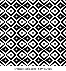 Repeated black figures on white background. Ethnic wallpaper. Seamless surface pattern design with rhombuses ornament. Diamonds motif. Digital paper for textile print, web designing. Vector