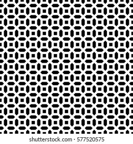 Repeated black figures on white background. Geometric wallpaper. Seamless surface pattern design with convex hexagons and regular squares. Tiles motif. Digital paper for textile print. Vector art.