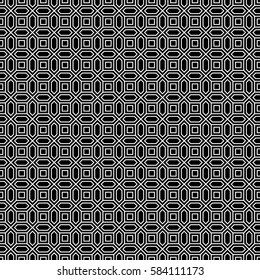Repeated black figures on white background. Geometric wallpaper. Seamless surface pattern design with convex hexagons and regular squares. Tiles motif. Digital paper for textile print. Vector art.
