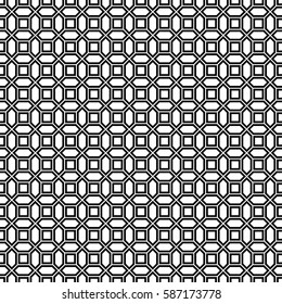 Repeated black figures on white background. Geometric wallpaper. Seamless surface pattern design with convex hexagons and regular squares. Tiles motif. Digital paper for textile print. Vector art.