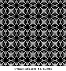 Repeated black figures on white background. Geometric wallpaper. Seamless surface pattern design with convex hexagons and regular squares. Tiles motif. Digital paper for textile print. Vector art.
