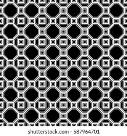 Repeated black figures on white background. Symmetric geometric wallpaper. Seamless surface pattern design with regular octagons and squares. Tiles motif. Digital paper for textile print. Vector art.