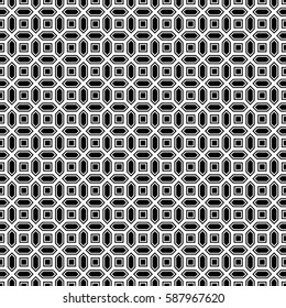 Repeated black figures on white background. Geometric wallpaper. Seamless surface pattern design with convex hexagons and regular squares. Tiles motif. Digital paper for textile print. Vector art.
