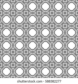 Repeated black figures on white background. Symmetric geometric wallpaper. Seamless surface pattern design with regular octagons and squares. Tiles motif. Digital paper for textile print. Vector art.
