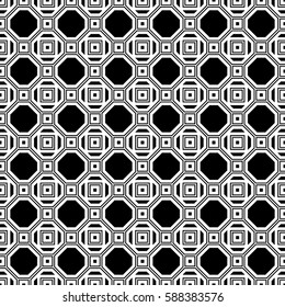 Repeated black figures on white background. Symmetric geometric wallpaper. Seamless surface pattern design with regular octagons and squares. Tiles motif. Digital paper for textile print. Vector art.