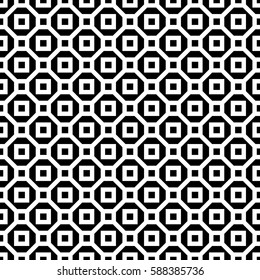 Repeated black figures on white background. Geometric wallpaper. Seamless surface pattern design with regular octagons and squares. Tiles motif. Digital paper for textile print, web designing. Vector.