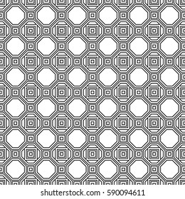 Repeated black figures on white background. Symmetric geometric wallpaper. Seamless surface pattern design with regular octagons and squares. Tiles motif. Digital paper for textile print. Vector art.