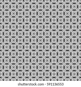 Repeated black figures on white background. Symmetric geometric wallpaper. Seamless surface pattern design with regular octagons and squares. Tiles motif. Digital paper for textile print. Vector art.