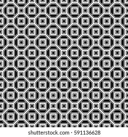 Repeated black figures on white background. Symmetric geometric wallpaper. Seamless surface pattern design with regular octagons and squares. Tiles motif. Digital paper for textile print. Vector art.