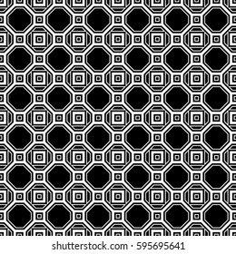 Repeated black figures on white background. Symmetric geometric wallpaper. Seamless surface pattern design with regular octagons and squares. Tiles motif. Digital paper for textile print. Vector art.