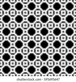 Repeated black figures on white background. Symmetric geometric wallpaper. Seamless surface pattern design with regular octagons and squares. Tiles motif. Digital paper for textile print. Vector art.