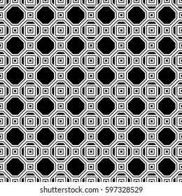 Repeated black figures on white background. Symmetric geometric wallpaper. Seamless surface pattern design with regular octagons and squares. Tiles motif. Digital paper for textile print. Vector art.