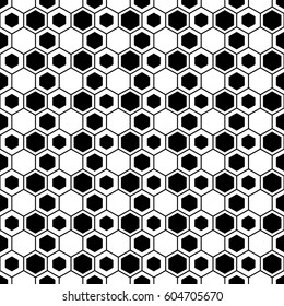Repeated black figures on white background. Stylized honeycomb wallpaper. Seamless surface pattern design with hexagons. Mosaic motif. Digital paper for page fills, web designing, textile print.