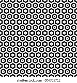 Repeated black figures on white background. Honeycomb wallpaper. Seamless surface pattern design with regular hexagons. Polygons motif. Digital paper for page fills, web designing, textile print.