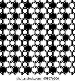 Repeated black figures on white background. Stylized honeycomb wallpaper. Seamless surface pattern design with hexagons. Mosaic motif. Digital paper for page fills, web designing, textile print.
