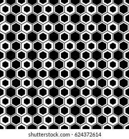 Repeated black figures on white background. Stylized honeycomb wallpaper. Seamless surface pattern design with hexagons. Mosaic motif. Digital paper for page fills, web designing, textile print.