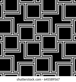 Repeated black figures on white background. Seamless surface pattern design with polygons. Blocks wallpaper. Mosaic motif. Digital paper for page fills, web designing. Squares tessellation vector.