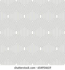 Repeated black figures on white background. Seamless surface pattern design with hexagons and diamonds. Honeycomb motif. Repeated polygons tessellation background. Ethnic wallpaper. Digital paper art.