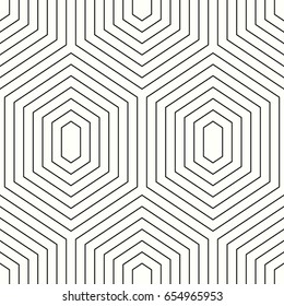 Repeated black figures on white background. Seamless surface pattern design with hexagons and diamonds. Honeycomb motif. Repeated polygons tessellation background. Ethnic wallpaper. Digital paper art.