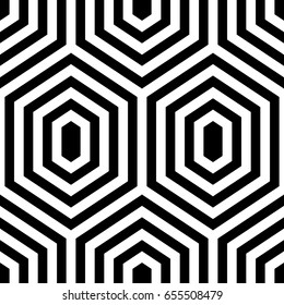 Repeated black figures on white background. Honeycomb motif. Seamless surface pattern design with hexagons and diamonds. Repeated polygons tessellation. Ethnic wallpaper. Digital paper art.
