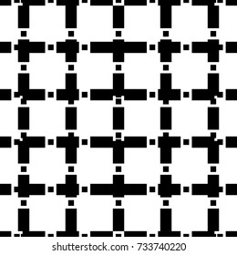 Repeated black figures on white background. Seamless surface pattern design with geometric shapes ornament. Polygons wallpaper. Dashed and dotted crossed lines motif. Digital paper for print. Vector.