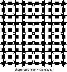 Repeated black figures on white background. Seamless surface pattern design with geometric shapes ornament. Polygons wallpaper. Dashed and dotted crossed lines motif. Digital paper for print. Vector.