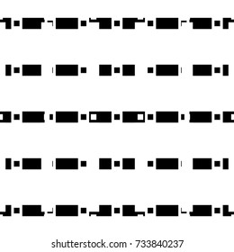 Repeated black figures on white background. Seamless surface pattern design with geometric shapes ornament. Polygons wallpaper. Dashed and dotted lines motif. Digital paper for textile print. Vector.