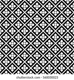 Repeated black figures and rhombuses on white background. Ethnic wallpaper. Seamless surface pattern design with diamonds ornament. Geometrical motif. Digital paper for textile print, web designing.