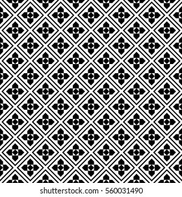 Repeated black figures and rhombuses on white background. Ethnic wallpaper. Seamless surface pattern design with floral ornament. Diamonds motif. Digital paper, textile print, web designing. Vector