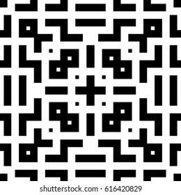 Repeated black figures and symbols on white background. Seamless surface pattern design with ethnic ornament. Embroidery wallpaper. Mosaic motif. Digital paper for page fills, web designing. Vector.