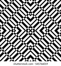 Repeated black geometric figures on white background. Seamless surface pattern design with symmetrical trapeziums and chevrons ornament. Polygons wallpaper. Diagonal dashes and lines motif. Vector art