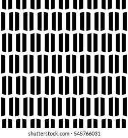 Repeated black geometric figures on white background. Seamless surface pattern design with symmetrical quadrangles ornament. Polygons wallpaper. Strokes and lines motif. Digital paper with stripes.