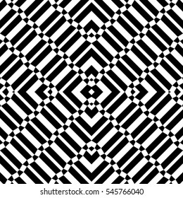 Repeated black geometric figures on white background. Seamless surface pattern design with symmetrical trapeziums and chevrons ornament. Polygons wallpaper. Diagonal dashes and lines motif. Vector art