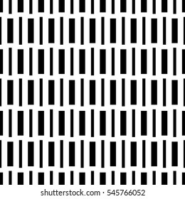 Repeated black geometric figures on white background. Seamless surface pattern design with symmetrical rectangles ornament. Polygons wallpaper. Dashed lines motif. Digital paper with stripes. Vector