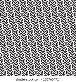 Repeated black interlocking broken hexagons contours on white background. Seamless surface pattern design with bee combs. Hexagonal grid. Honeycomb wallpaper. Three pronged star blocks. Angle brackets